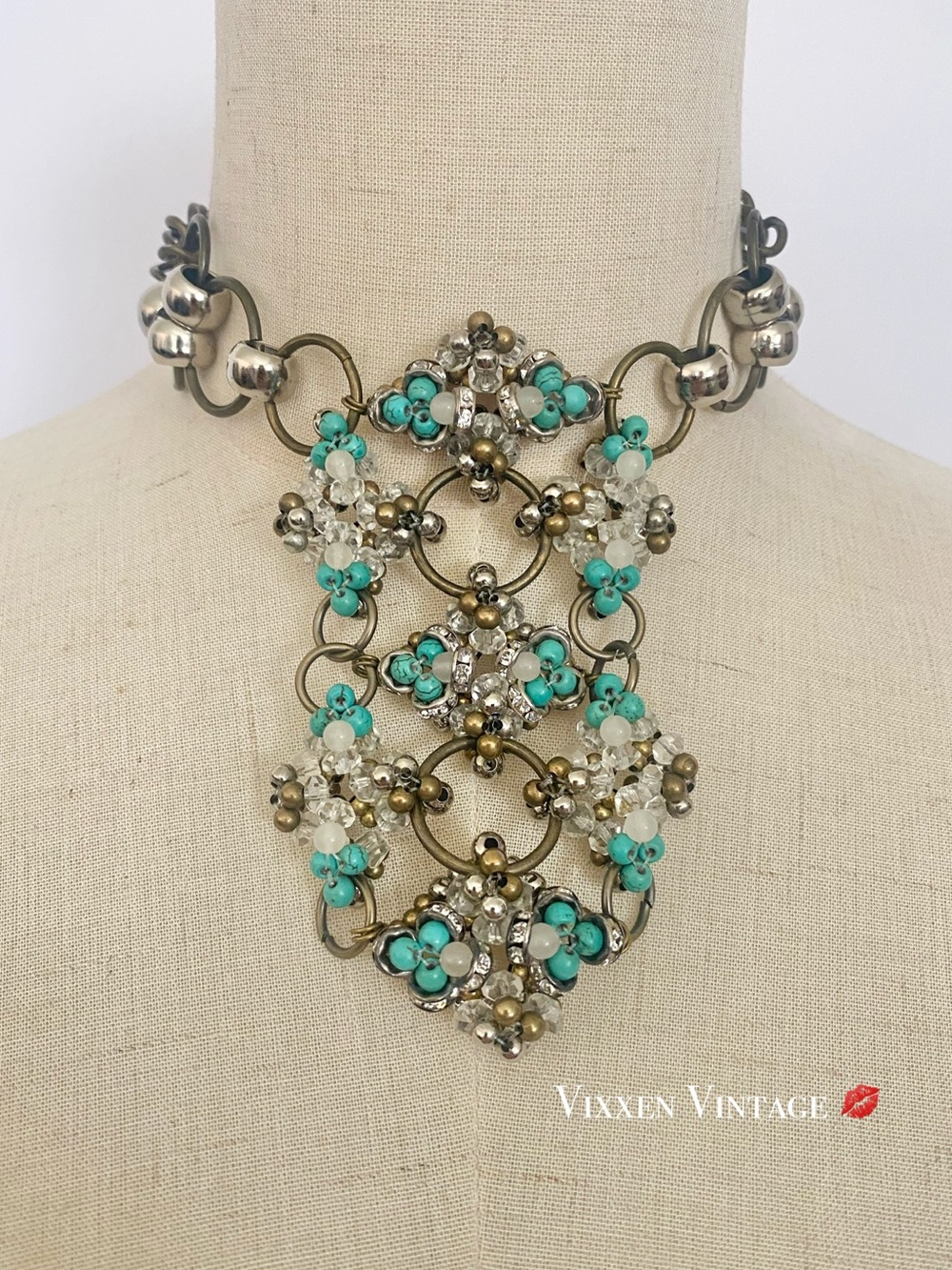 VINTAGE Y2K PAM HIRAN BRASS CHAIN FAUX TURQUOISE SILVER-TONE BEADED BIB NECKLACE